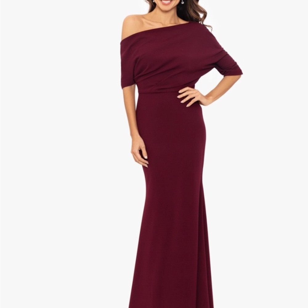 Betsy & Adam One Shoulder Wine Dress